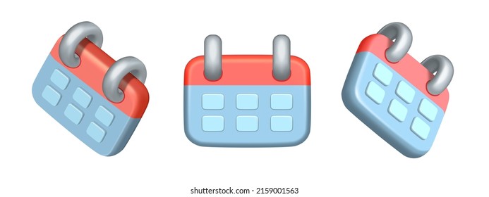 3d render of a set of volumetric calendars with flip pages. Icon calendar in cartoon or plastic style. Schedule of events and dates. Planner. Schedule for the month. Isolated 3d vector illustration