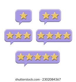 3D render Set of yellow stars on Purple Speech Bubbles. Online feedback, survey or review concept. Trendy and modern volume vector illustrations in three dimensional style. From one to five.