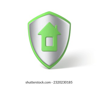 3 d representa el escudo con el icono de la casa. Concepto de seguridad domiciliaria. Símbolo de protección de la casa. Ilustración vectorial 3D
