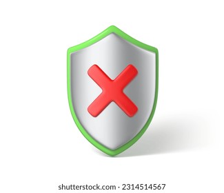 3d render shield isolated on white background. Shield with red cross. NO or decline symbol. Security, protection and safety concept. Vector 3D Illustration