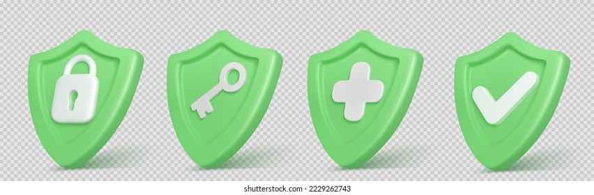 3d render shield with padlock, key, cross and tick sign. Concept of privacy, good password, secure data protection, computer or phone access security, Vector Illustration in cartoon. 3D Illustration