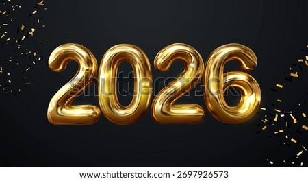 3D render of shiny gold 2026 numbers on dark background for New Year celebration design. uxury Gold 2026 vector Numerals 3D Illustration for Holiday 