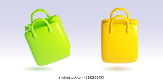 3d render shop paper bag for gift isolated vector. Realistic fashion package element illustration. Reusable market shopper for delivery with handle in green and yellow. Purchase clothes shopping box