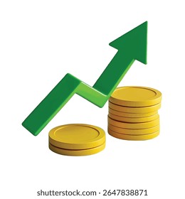 Un rendu 3D montre une flèche verte vibrante pointant vers le haut, symbolisant la croissance et le succès, positionnée à côté de piles de pièces d'or brillantes sur fond noir.