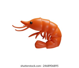 3D render shrimp in plastic style. Delicious Asian seafood. Realistic ocean animal. Cooked in Japanese, Thai dinner. Gourmet protein ingredient for healthy diet. Raw and boiled appetizer in market