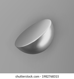 3 d representa la media esfera de forma geométrica plateada con sombras aisladas sobre fondo gris. Metal brillante realista primitivo. Resumen de la figura decorativa del vector para el diseño de moda