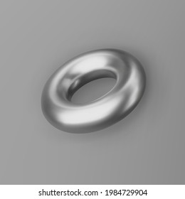 3d render silver geometric shape torus with shadows isolated on grey background. Metal glossy realistic primitive. Abstract decorative vector figure for trendy design