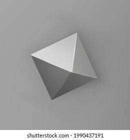 3d render silver geometric shape octahedron with shadows isolated on grey background. Metal glossy realistic primitive. Abstract decorative vector figure for trendy design