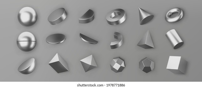 3d render silver geometric shapes objects set isolated grey background  Metal сhrome glossy realistic primitives    sphere  pyramid  torus and shadows  Abstract decorative vector for trendy design