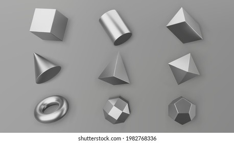 3d render silver geometric shapes objects set isolated on grey background. Metal glossy realistic primitives - cube, cylinder, pipe with shadows. Abstract decorative vector figure for trendy design