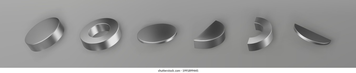 3d render silver geometric shapes objects set isolated on grey background. Metal glossy realistic primitives - cylinder, pipe, ring with shadows. Abstract decorative vector figure for trendy design