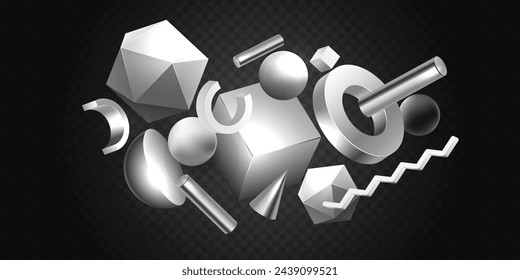 3d render silver geometric shapes set isolated on black transparent background. Metal сhrome glossy realistic primitives - sphere, pyramid, torus with shadows. Abstract decorative