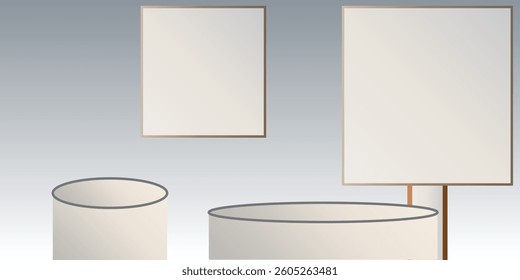 3d render. Silver mirrors, flat polished steel panels, chrome plated with contrasting shadow and caustic. Simple square shapes over orange background
