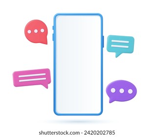 3D representa un smartphone con burbujas de chat flotantes, aplicación de chat de medios sociales de moda. concepto de conversación en línea, conversación, discusión. Ilustración del vector