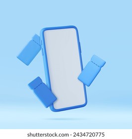 3D Render Smartphone mockup with blank white screen with flying coupons. 3d rendering. Vector illustration