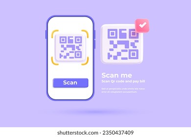 3d Render of Smartphone and push button to scans qr code for online payment, money transaction on mobile app service. Cartoon plastic render Digital marketing, online purchase on website. Vector 3d