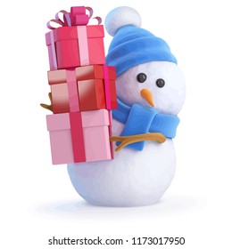 3d render of a snowman carrying lots of Christmas gifts