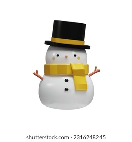 3d Rendere Schneemann mit goldenem Weihnachtsmütze. Vektorgrafik über Frohe Weihnachten und glückliches Neues Jahr. Cute Winter Charakter in realistischem Ton, Plastik-Stil. Symbol für Verkauf, Feiertage, Feiertage