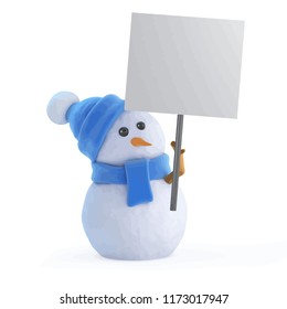 3d render of a snowman holding a placard