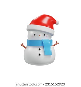 3D render snowman in santa hat. Cartoon Christmas character in realistic clay, plastic style. Winter vector illustration for New Year, holidays, advertise, sales. Decor elements for celebration