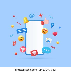 3d render social media and technology with smartphone, like button and geometric shapes, chat. online social communication applications concept. Vector illustration.