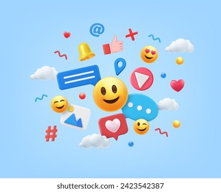 3d representan medios sociales y tecnología, concepto de aplicaciones de comunicación social en línea, emoji, corazones, chat sobre fondo azul claro. Ilustración del vector