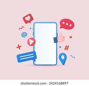 3d render social media and technology with smartphone, like button and geometric shapes, chat. online social communication applications concept. Vector illustration.