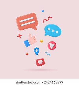 3d render social media and technology, like button and geometric shapes, chat. online social communication applications concept. Vector illustration.