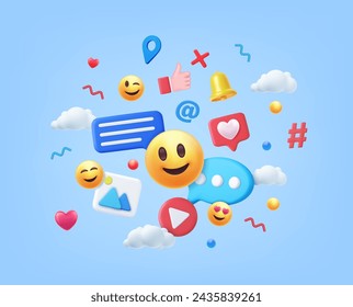 3d render social media and technology, online social communication applications concept, emoji, hearts, chat on light blue background. Vector illustration