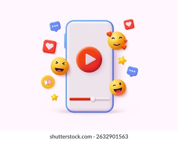 3d renderizar mídia social e tecnologia com smartphone, como botão e formas geométricas, chat. Ilustrações de vetor da Web 3D.