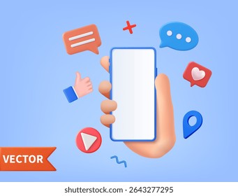 3d render social media and technology with smartphone, like button and geometric shapes, chat. online social communication applications concept. Vector illustration.