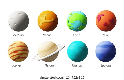 3D render Solar System planets set. Vector outer space gas giants Jupiter and Saturn, ice Uranus Neptune, Pluto. Rocky Mercury, Venus and Earth, Mars. Realistic colofful science, astronomy clay style