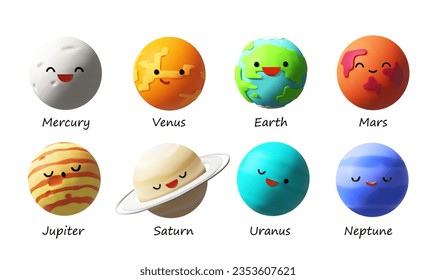 3D render Solar System planets set characters. Realistic vector outer space gas giants Jupiter and Saturn, ice Uranus Neptune, Pluto. Kawaii Mercury, Venus and Earth, Mars. Children education mascots