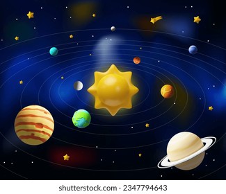 3d render solar system with text. Realistic Sun, Earth, Mercury, Venus, Mars, Jupiter, Saturn, Uranus, Neptune, stars, comet. Vector illustration near outer space. Astronomy science in plastic style