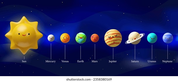 3d render solar system with text for kids. Realistic Sun, Earth, Mercury, Venus, Mars, Jupiter, Saturn, Uranus, Neptune. Vector illustration about near outer space. Astronomy science in plastic style