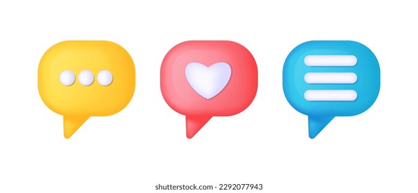 3d render speech bubble heart. Social media like icon concept. Comment and Like in yellow, red and blue. Set of bubbles dialogue balloon vector set.