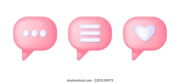 3d render speech bubble heart and text on light pink background. Social media like icon concept. Comment and Follower. Set of bubbles dialogue balloon vector set.