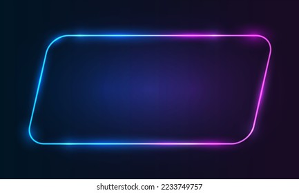 3d render, square glowing in the dark, pink blue neon light, illuminate frame design. Abstract cosmic vibrant color backdrop. Glowing neon light. Neon frame with rounded corners