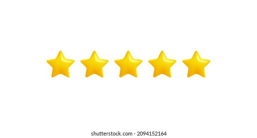 3d render stars isolated on white background. 3D cartoon icon of five star for mobile app and web design. Concept of rating from customer and feedback. Vector illustration.