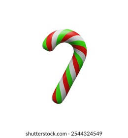 3d render striped traditional candy red green stick for Christmas. Three dimensional lollipop vector illustration. December colorful sugar candy cane for children. Merry Christmas and Happy New Year