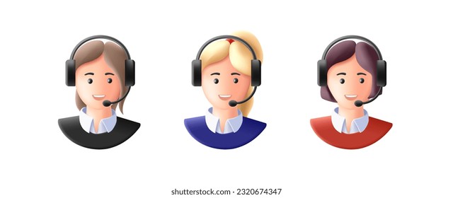 3d render style icons of call center support person with headset, isolated people faces, rounded soft shapes