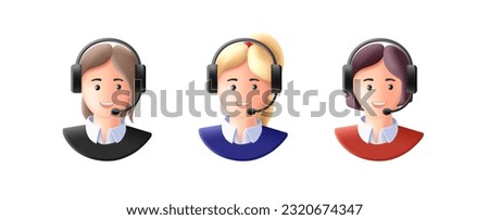3d render style icons of call center support person with headset, isolated people faces, rounded soft shapes