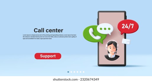 3d render style illustration of call center support person with headset, online assistance chat, smartphone access