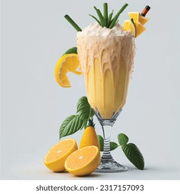 Representación 3D del cóctel de verano Pina Colada con fruta fresca y hojas de menta