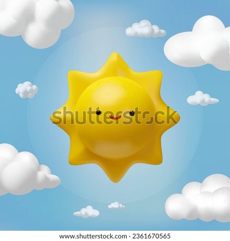3D render sunny funny weather. Plastic Sun character, blue sky and fluffy cloud for kids. Clearly bright forecast. Warm climate. Meteorology emoticon background for summer season.