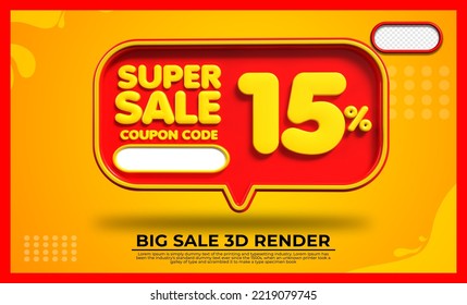 3D render  super sale 15% red and yellow colors bubble for discount sale, flash sale, promo sale, black friday