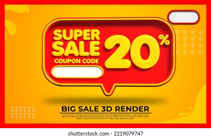 3D render  super sale 20% red and yellow colors bubble for discount sale, flash sale, promo sale, black friday
