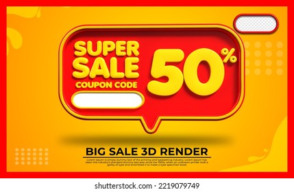 3D render  super sale 50% red and yellow colors bubble for discount sale, flash sale, promo sale, black friday