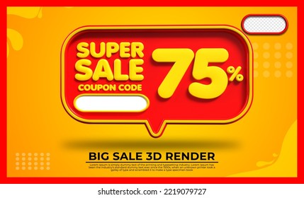 3D render  super sale 75% red and yellow colors bubble for discount sale, flash sale, promo sale, black friday