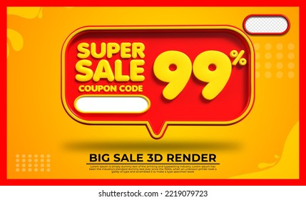 3D render  super sale 99% red and yellow colors bubble for discount sale, flash sale, promo sale, black friday